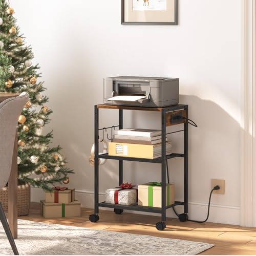 HOOBRO Industrial Printer Stand, 3-Tier Mobile Printer Table, Rolling Cart with Power Outlets and USB Ports, Home Printer Stand with 2 Hooks, for Office, Living Room, Rustic Brown BF22UPS01 - color: Rustic Brown + Black