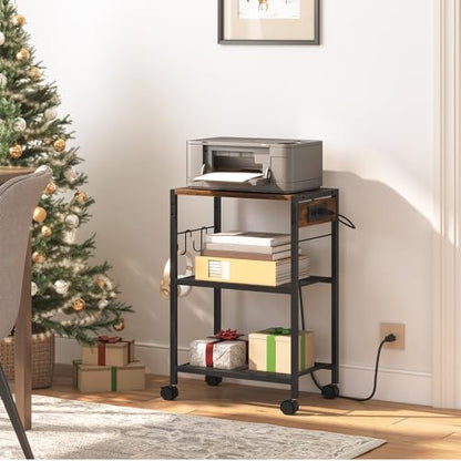 HOOBRO Industrial Printer Stand, 3-Tier Mobile Printer Table, Rolling Cart with Power Outlets and USB Ports, Home Printer Stand with 2 Hooks, for Office, Living Room, Rustic Brown BF22UPS01 - color: Rustic Brown + Black