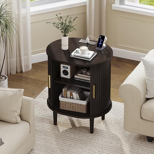 DHH Mid Century Modern Nightstand with Charging Station, Fluted Accent Side Table with Sliding Door & Adjustable Shelf, End Table for Small Space, Living Room, Bedroom,Sofa Couch(1, Dark Walnut) - color: Dark Walnut