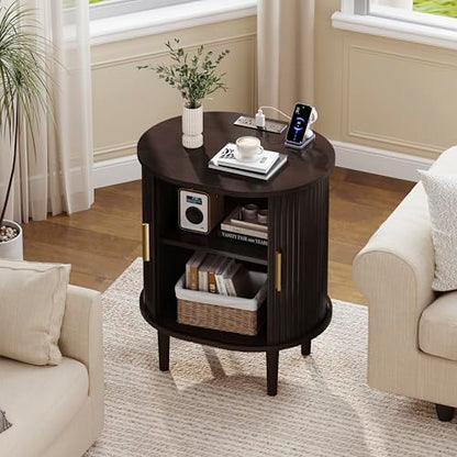 DHH Mid Century Modern Nightstand with Charging Station, Fluted Accent Side Table with Sliding Door & Adjustable Shelf, End Table for Small Space, Living Room, Bedroom,Sofa Couch(1, Dark Walnut) - color: Dark Walnut