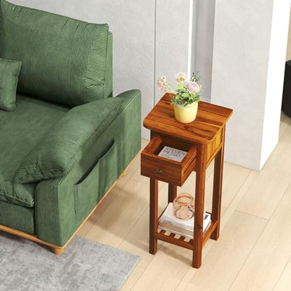 Tangkula 2-Tier Narrow Side Table with Drawer, Acacia Wood Tall End Table for Small Spaces, Farmhouse Slim Bedside Table with Open Shelf, Nightstand for Living Room, Bedroom, No Assembly (2, Natural) - color: Natural