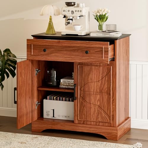 LCRBOL Sideboard with Drawer & Doors, Mid-Century, Matte Black Top & Walnut | 30"W x 15.2"D x 32.2"H, 100 lbs top / 30 lbs shelf, 1 drawer & 2-door cabinet, adjustable shelf, soft-close hinges - color: Walnut