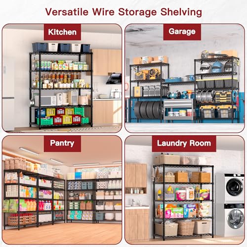 PrimeZone Wire Metal Storage Shelves - 5 Tier Adjustable NSF-Certified Heavy Duty Garage Shelving Unit Organizer Rack, Steel Utility Shelf for Kitchen, Pantry, Closet, 35.5" W x 14" D x 72" H, Black - size: 35.5"W x 14"D x 72"H