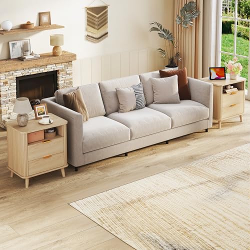 Fluted Nightstand, Night Stand with Charging Station, Mid Century Modern Bedside Table with Drawer & Open Shelf, Curved Profile Design, End Side Table with Storage for Bedroom, Oak - color: Natural Oak