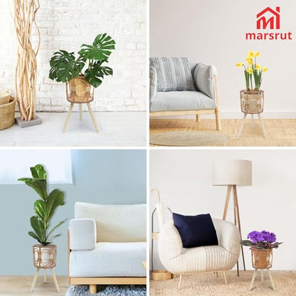 Rattan Plant Stand, Wicker Plants Baskets Indoor, Small, Cute Handmade Woven Wooden Planter with Legs, Boho Style Hollow Flowers Display Rack Straw Standing Floor Stool Shelf for Pot Holder Outdoor Decorations