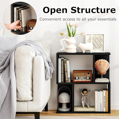 22’’ H Geometric Bookshelf, 2-Tier S-Shaped Floor Bookcase, Freestanding Open Display Book Shelf for Small Spaces, Low Side Table for Living Room & Bedroom (1, Black) - color: Black
