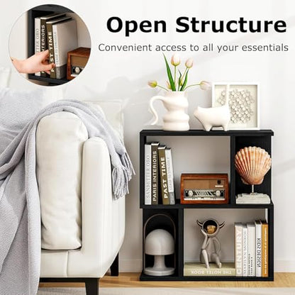 22’’ H Geometric Bookshelf, 2-Tier S-Shaped Floor Bookcase, Freestanding Open Display Book Shelf for Small Spaces, Low Side Table for Living Room & Bedroom (1, Black) - color: Black