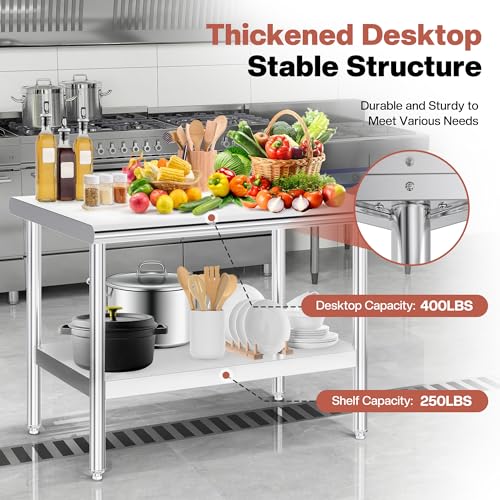 Jocisland 30" x 48" Stainless Steel Table for Prep & Work, Food-Grade Stainless Steel Adjustable Under Shelf and Feet, for Commercial Kitchen, Restaurant, Hotel, Garage - size: 30x48 in, style: Rounded Table Corner