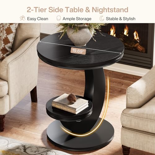 Tribesigns Round End Table Set of 2, 2 Tiers Side Table with Storage Shelf, Sofa Side Bedside Nightstand with Metal Arc-Shaped Frame for Small Spaces, Living Room, Bedroom, Black (2PCS) - color: Black