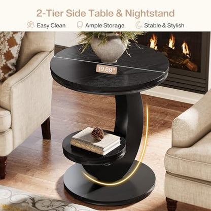 Tribesigns Round End Table Set of 2, 2 Tiers Side Table with Storage Shelf, Sofa Side Bedside Nightstand with Metal Arc-Shaped Frame for Small Spaces, Living Room, Bedroom, Black (2PCS) - color: Black