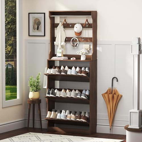 Shoe Cabinet for Entryway with 3 Flip Drawers, Walnut Tall Wood Shoe Storage Cabinet with Coat Rack, Narrow Hidden Slim Freestanding Shoe Rack Organizer, 2 in 1 Hall Tree for Living Room, Hallway - color: Walnut, size: 3 Drawers with Rack