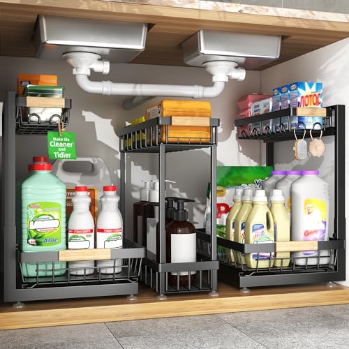 Sevenblue 3 Pack Under Sink Organizer, Height Adjustable 2 Tier Pull-Out Metal Under Kitchen Sink Organizer, Multi-Purpose Storage Shelves for Kitchen Bathroom Cabinet, Black - color: Black