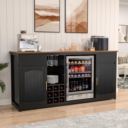 GDLF Extra Long Bar Cabinet with Fridge Space, Modern Wine Liquor Cabinet with Storage and Power Outlet, Buffet Sideboard with Fluted Doors for Home, 78.7 Inch, Black - color: Black, size: 78.7"
