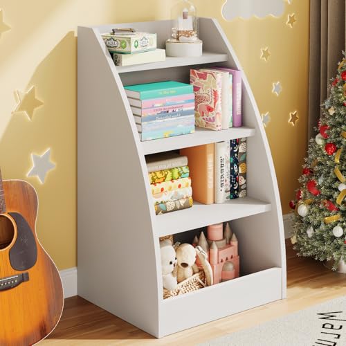 Kids Bookshelf and Toy Organizer,4 Tier Kids Book Shelf for Kids Rooms,Wood Children Bookcase,Baby Storage Book Rack,Toddler Bookshelf,Toy Storage Organizer,Book Display Shelf for Playroom, Nursery - color: White, size: Medium