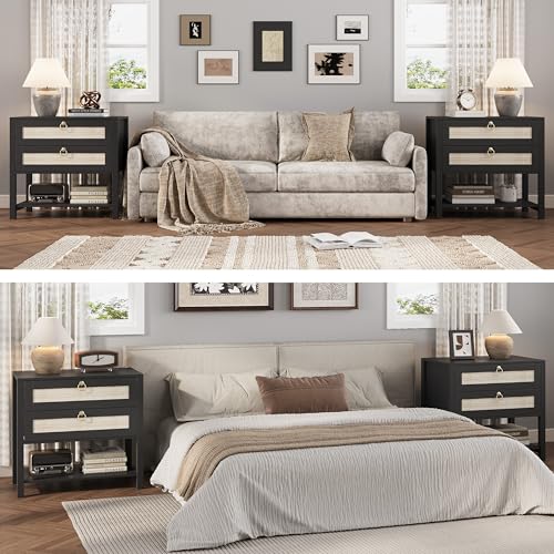 Xixini Rattan Nightstand with 2 Drawers and Open Shelf, 27" Wide Boho Bedside Table with Brass Knobs, Mid-Century Modern Wooden End Table for Bedroom, Black - color: Black