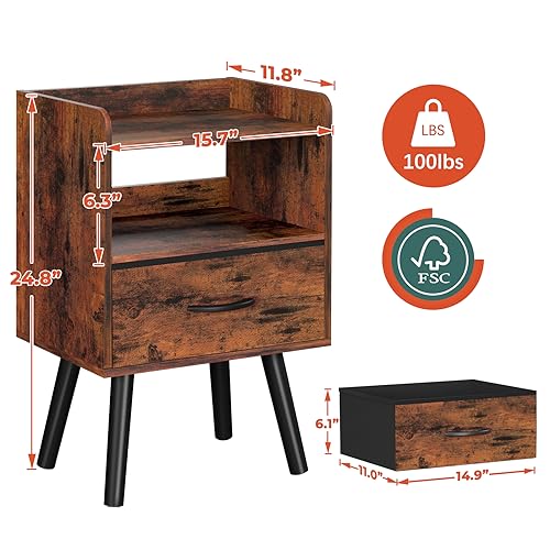 Yoobure Night Stand with Fabric Drawer, Modern Nightstand, Bedside Tables, Mid Century Nightstands with Open Storage Shelf, Wood Bedside Table, Small Night Stands for Bedrooms, 2-Tier Night Table - color: Berry Brown
