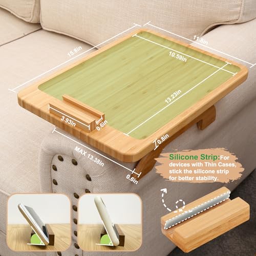 SINWANT Couch Arm Tray Table, Large Space 15.75"x 11.8" Bamboo Couch Armrest Table with 360° Rotating Phone Holder,Foldable Sofa Armrest Tray for Eating Snacks Drinks Remote Books - color: Large Natural