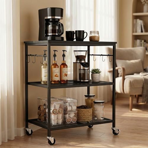 Homleke 3-Tier Rolling Kitchen Microwave Cart, Kitchen Utility Cart on Lockable Wheels, Coffee Bar Table Station with 6 S-Shaped Hooks, Small Appliance Storage Shelf, Black - color: Black, size: 3-Tier