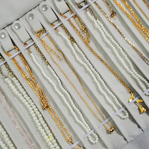 Travel Necklace Organizer, Portable Jewelry Storage Case, 16 Slots | No Tangle, Double Elastic Band, Roll Up, Lightweight, Jewelry Roll Bag for Chains Bracelets, Claimond Veins, Beige