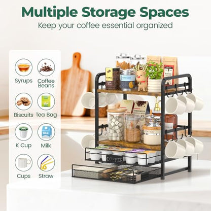 EsLuker.ly Coffee Bar Organizer Station Shelf Mug Holder for Countertop, 4 Tier Mug Holder Stand with 12 Hooks, K Cup Pod Drawer - color: Black+Brown+Brown