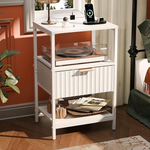 VINGLI White Nightstand with Charging Station and Fabric Drawer, Fluted Night Stand/Bedside Table, Small Night Stand with Charger Station for Bedroom, Dorm, 14.96" W*11.81" D*23.7" H, 1 pc - color: White, size: 15"W-1 Drawer 2 Shelf