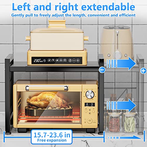 YIUKEA Extendable Microwave Oven Rack - Over Microwave Shelf Countertop 2 Tier Kitchen Microwave Stand (L15.7~23.6" xW12.8 xH17.7) with Spice Rack and 6 Hooks Black - color: Black with Spice Rack