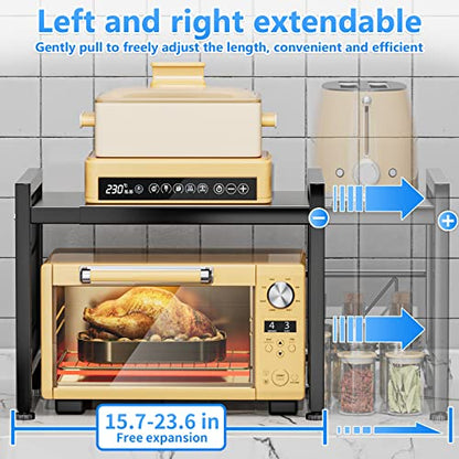 YIUKEA Extendable Microwave Oven Rack - Over Microwave Shelf Countertop 2 Tier Kitchen Microwave Stand (L15.7~23.6" xW12.8 xH17.7) with Spice Rack and 6 Hooks Black - color: Black with Spice Rack