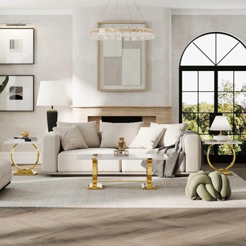 Asday Gold End Table, 23" Modern Sofa Side Table with Polished Metal U-Base, Square White and Gold End Table for Living Room, Sofa Couch, Bedroom, Office - color: White and Gold, size: Set of 1