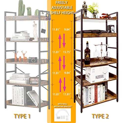 HCHQHS Adjustable 5 Tier Open Bookcase, Rustic Farmhouse Book Shelves, Industrial Wood and Black Metal Bookshelves, Mid Century Bookcase for Home Office Living Room Bedroom - color: Rustic Brown, size: 5-Tier (24"W x 57"H)