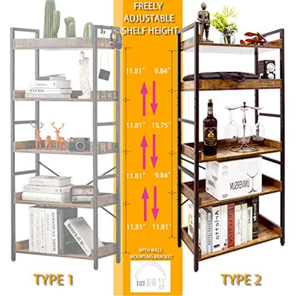 HCHQHS Adjustable 5 Tier Open Bookcase, Rustic Farmhouse Book Shelves, Industrial Wood and Black Metal Bookshelves, Mid Century Bookcase for Home Office Living Room Bedroom - color: Rustic Brown, size: 5-Tier (24"W x 57"H)