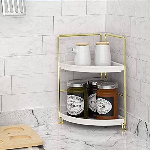 2-Tier Makeup Perfume Counter Organizer, Bathroom Corner Countertop Shelf Vanity Bedroom Storage Tray,Kitchen Spice Rack Standing Shelf(Gold,White) - size: Corner
