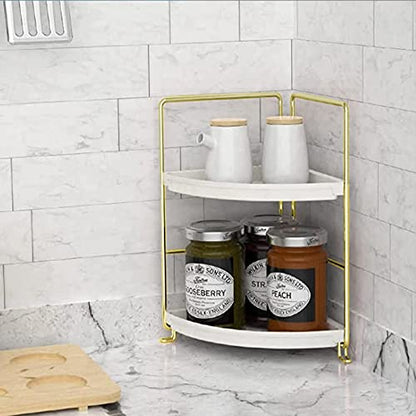 2-Tier Makeup Perfume Counter Organizer, Bathroom Corner Countertop Shelf Vanity Bedroom Storage Tray,Kitchen Spice Rack Standing Shelf(Gold,White) - size: Corner