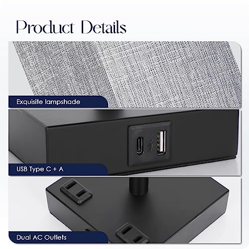 Bedside Table Lamps Set of 2 - Touch Nightstand Lamp for Bedroom with USB C+A Charging Ports & AC Outlets, 3-Way Dimmable Desk Lamp Grey Fabric Shade for Bedroom Living Room, Office(Bulb Included) - color: Gray