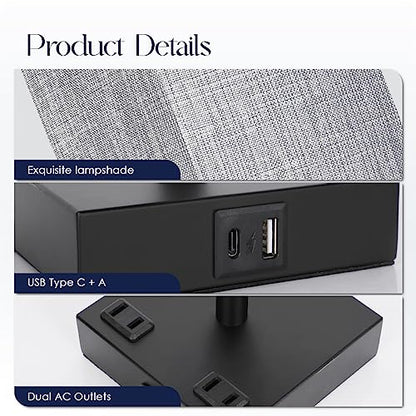 Bedside Table Lamps Set of 2 - Touch Nightstand Lamp for Bedroom with USB C+A Charging Ports & AC Outlets, 3-Way Dimmable Desk Lamp Grey Fabric Shade for Bedroom Living Room, Office(Bulb Included) - color: Gray