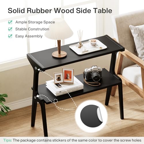 Tribesigns 2-Tier Solid Wood Side Table, Modern Black End Table with Storage Shelves, Tall Slim Side Table for Couch with Unique Legs, Long Bedside Table for Bedroom, Living Room - color: Black