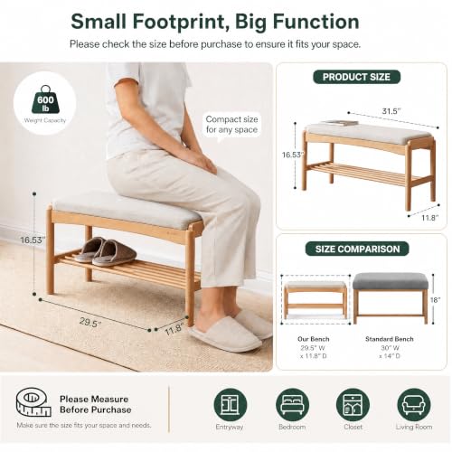 Oak Wood Shoe Bench, 32 Inch Entryway Bench with Light Gray Cushion | Wider oak bench with visible grain and soft cushion provides comfortable seating with natural modern style. - color: Natural + Light Gray Cushion, size: 31.49"