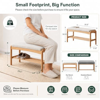Oak Wood Shoe Bench, 32 Inch Entryway Bench with Light Gray Cushion | Wider oak bench with visible grain and soft cushion provides comfortable seating with natural modern style. - color: Natural + Light Gray Cushion, size: 31.49"