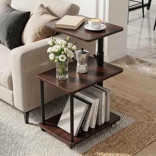 Rolling Side Table with Wheel for Living Room, Adjustable Height Swivel End Table for Different Seating Types, Ideal for Couch, Sofa, Recliner and Living Room, Black Walnut-Look - color: Black Walnut