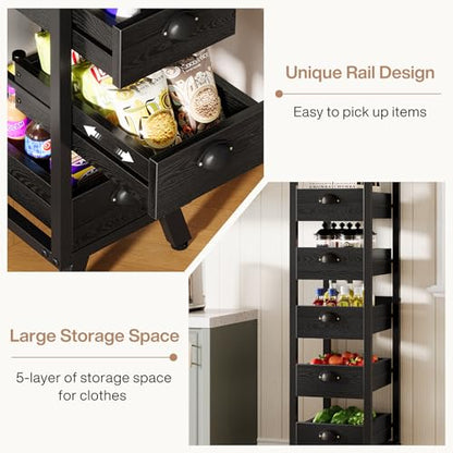 Tribesigns Black Wood Fruit and Vegetable Storage Rack, 5-Tier Narrow Snack Stand Kitchen Stand Fruit Basket, Pull-Out Utility Organizer for Kitchen, Living Room - color: Black