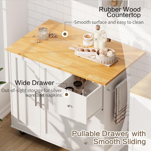 SUNLEI Kitchen Island with Storage Cabinet & Foldable Drop Leaf, Buffet Sideboard Cabinet, Cart Handle for Towel Rack, Drop Leaf, Portable Islands for Kitchen (Stylish White, 39.7-INCH) - size: 39.7 INCH, style: White