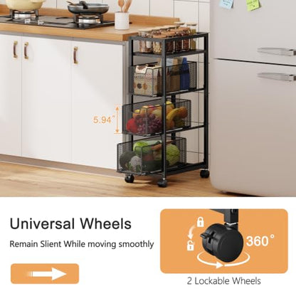 4 Tier Kitchen Rolling Cart, Kitchen Storage Cart with Wheels, Adjust Pantry Organizer and Storage Cart with Drawer, Fruit Vegetable Spice Storage Cart, Wooden Top Metal Kitchen Organizer Rack Stand - size: Small 4 Tier Black