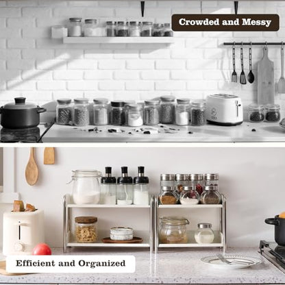 MOZIMABOX Cabinet Organizer Shelf, 2 Tier Kitchen Spice Rack Countertop Shelf Organizer, Stainless Steel Kitchen Storage Countertop Storage Shelf Container, (L, White) - size: L