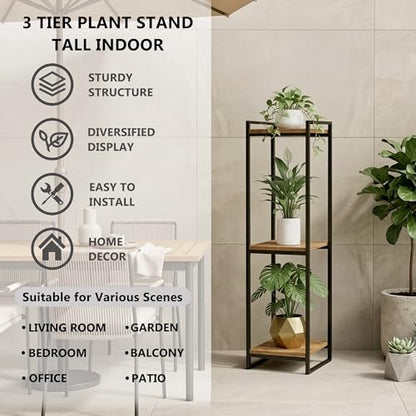 45" Tall Indoor Plant Stand, 3-Tier Flower Pot Rack, Rustic Brown | Modern Minimalist Look, Wood Finish, for Living Room, Bedroom, Balcony, Space-Saving, Sturdy Metal Frame