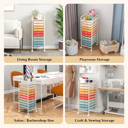 DREAMADE Rolling Cart With Storage Drawers, Utility Cart With Removable Plastic Drawers, Lockable Wheels for Classroom Organization, Art Supplies, Office, Scrapbook (10 Drawers, Macaron) - color: Macaron, style: 10 Drawers