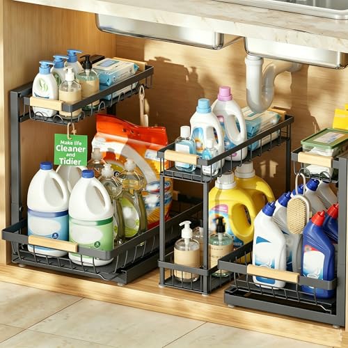 Sevenblue 3 Pack Under Sink Organizer, Height Adjustable 2 Tier Pull-Out Metal Under Kitchen Sink Organizer, Multi-Purpose Storage Shelves for Kitchen Bathroom Cabinet - color: Light-Black