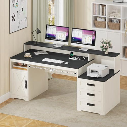 TVU Farmhouse Computer Desk with Drawers, 65'' Home Office Desk with Power Outlets, Storage Cabinet and Printer Stand, Study Writing Desks with Long Monitor Stand, Black and White - color: Black and White