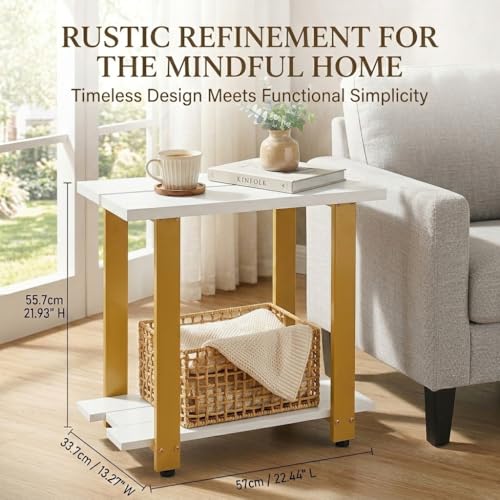 Transitional Narrow End Table, 2-Tier Rustic Side Table with Storage Shelves, Modern Farmhouse Industrial Nightstand for Living Room, Bedroom, Small Spaces, Couch, White/Gold - color: White+gold