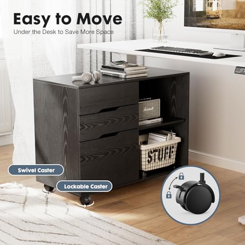 DUMOS Wood File Cabinet with 3 Drawers, Rolling Printer Stand | Under Desk Storage Organizer Home Office Space with Shelves for Files and Office Supplies, Rust - color: Classic Black