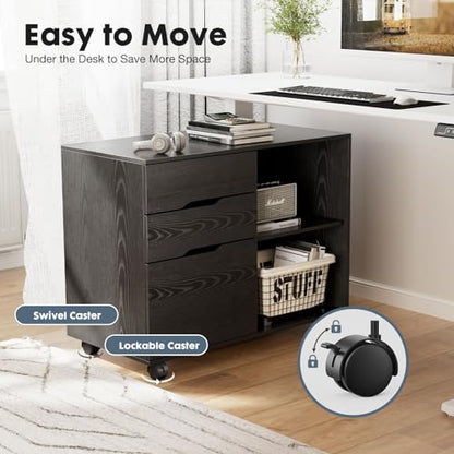 DUMOS Wood File Cabinet with 3 Drawers, Rolling Printer Stand | Under Desk Storage Organizer Home Office Space with Shelves for Files and Office Supplies, Rust - color: Classic Black