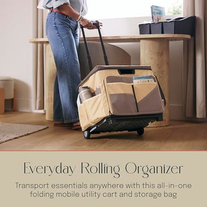 Folding Mobile Utility Cart, Canvas Organizer Bag, Chocolate/Sand | Durable plastic, 30 compartments, adjustable handle, 40 lb capacity, collapses to 3" thick, rolling wheels for easy transport - color: Chocolate/Sand